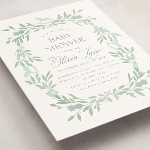 This is a celeste baby shower invitations with standard by Melinda Denison called baby shower wreath printing on signature in standard