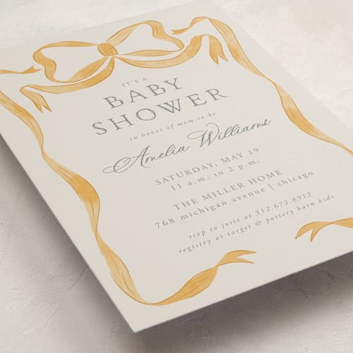 This is a orange blossom baby shower invitations with standard by Lehan Veenker called vintage bow printing on signature in standard