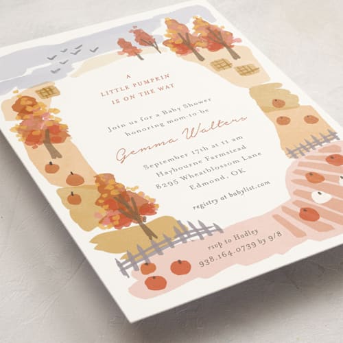 This is a candy baby shower invitations with standard by Rebecca Durflinger called autumn countryside printing on signature in standard