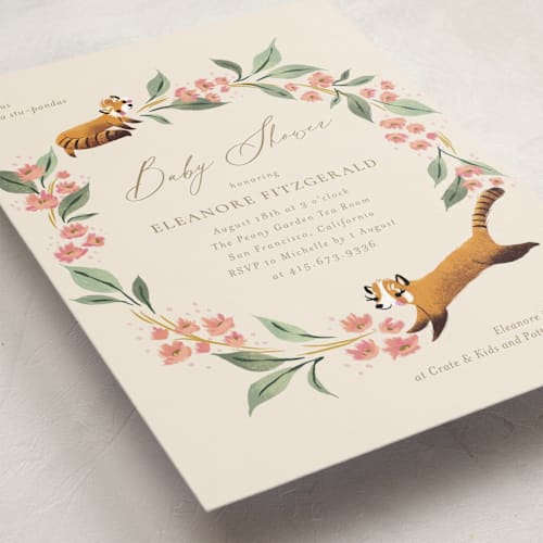 This is a petal baby shower invitations with standard by Jackie Crawford called little red panda printing on signature in standard