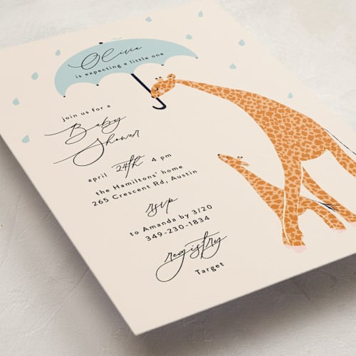 This is a powder baby shower invitations with standard by Gwen Bedat called take shelter printing on signature in standard