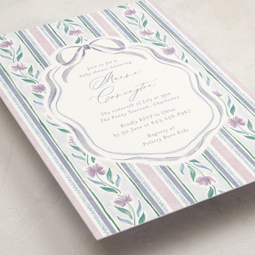 This is a lavender baby shower invitations with standard by Jackie Crawford called wildflower ribbon printing on signature in standard