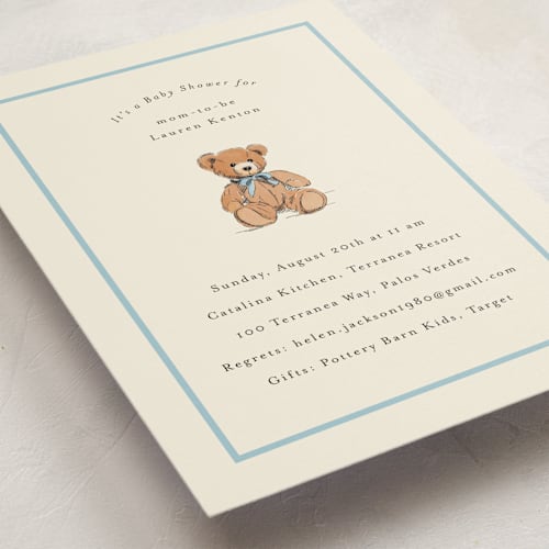 This is a frost baby shower invitations with standard by Becky Nimoy called antique teddy bear printing on signature in standard