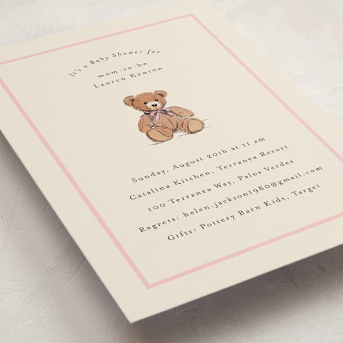 This is a petal baby shower invitations with standard by Becky Nimoy called antique teddy bear printing on signature in standard