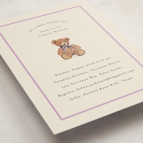 This is a lavender baby shower invitations with standard by Becky Nimoy called antique teddy bear printing on signature in standard