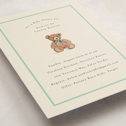 This is a sage baby shower invitations with standard by Becky Nimoy called antique teddy bear printing on signature in standard