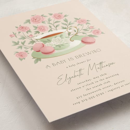 This is a framboise baby shower invitations with standard by Jamie Alexander called a baby is brewing printing on signature in standard