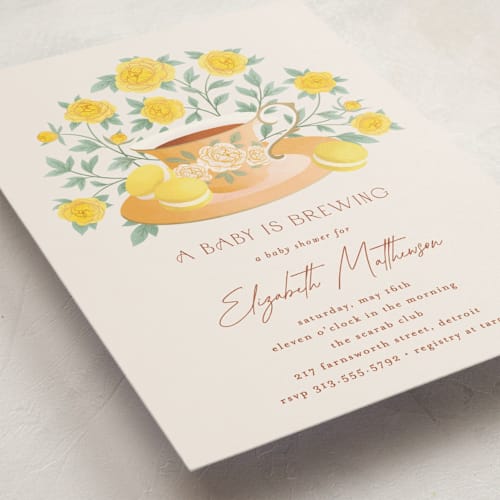This is a citron baby shower invitations with standard by Jamie Alexander called a baby is brewing printing on signature in standard