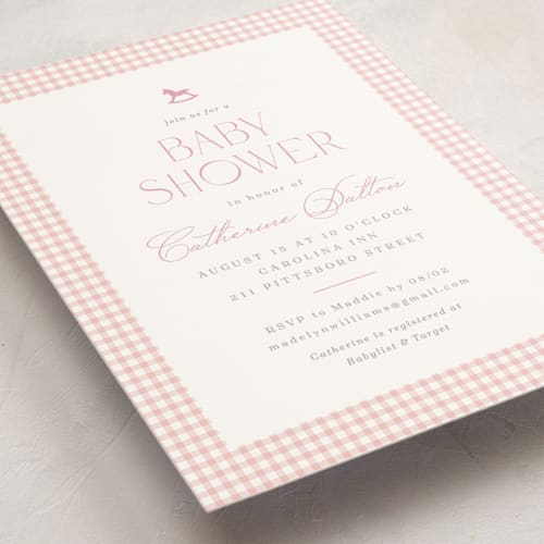 This is a peony baby shower invitations with standard by Olivia Raufman called gingham rockinghorse printing on signature in standard