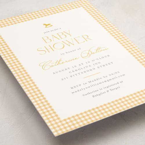 This is a lemon baby shower invitations with standard by Olivia Raufman called gingham rockinghorse printing on signature in standard