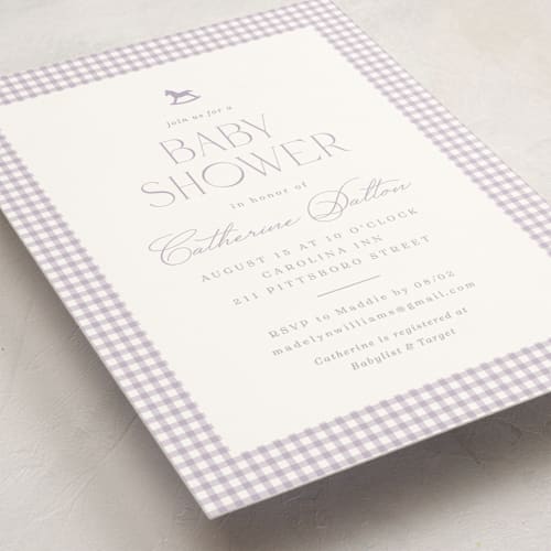 This is a lavender baby shower invitations with standard by Olivia Raufman called gingham rockinghorse printing on signature in standard