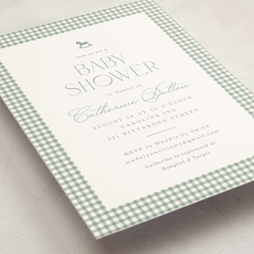This is a leaf baby shower invitations with standard by Olivia Raufman called gingham rockinghorse printing on signature in standard