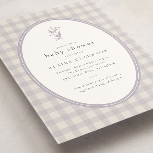 This is a lilac baby shower invitations with standard by Jessica Williams called delicate bloom printing on signature in standard