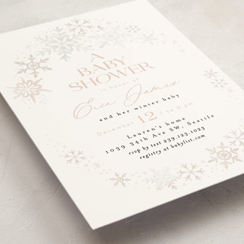 This is a petal baby shower invitations with standard by Alethea and Ruth called winter baby snowflakes printing on signature in standard