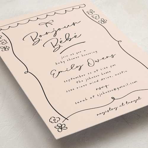 This is a blush baby shower invitations with standard by Ashley Iwafuchi called oh bebe printing on signature in standard