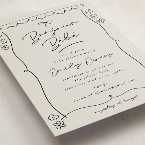This is a stone baby shower invitations with standard by Ashley Iwafuchi called oh bebe printing on signature in standard