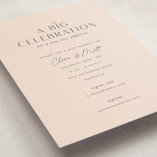 This is a blush baby shower invitations with standard by Sara Hicks Malone called big celebration, tiny addition printing on signature in standard