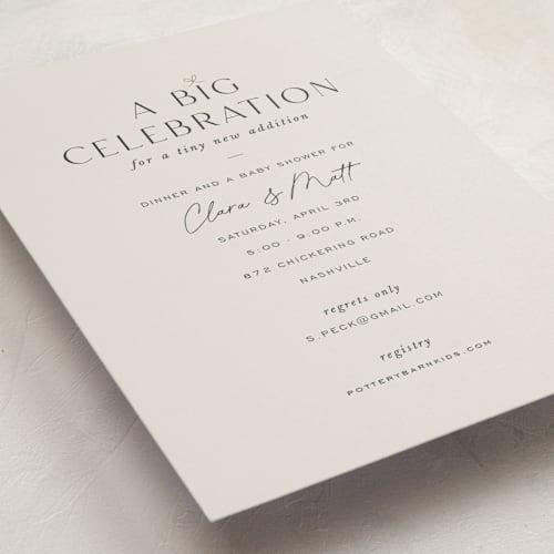This is a tonal baby shower invitations with standard by Sara Hicks Malone called big celebration, tiny addition printing on signature in standard