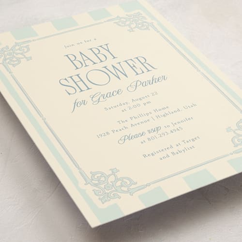 This is a powder baby shower invitations with standard by Robert and Stella called french frame printing on signature in standard
