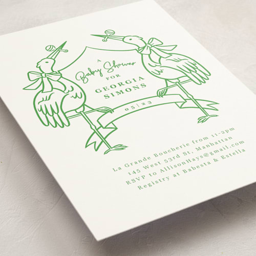 This is a lawn baby shower invitations with standard by mo kelley called stork crest printing on signature in standard
