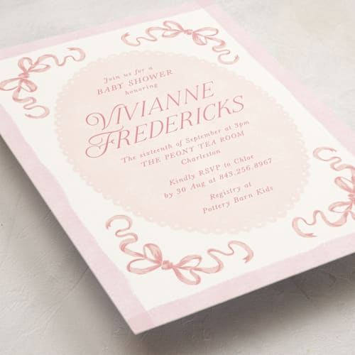 This is a petal baby shower invitations with standard by Jackie Crawford called doodle bow frame printing on signature in standard
