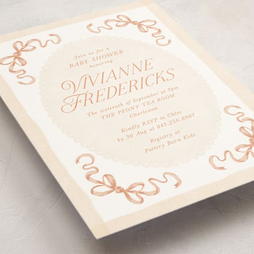 This is a tangerine baby shower invitations with standard by Jackie Crawford called doodle bow frame printing on signature in standard