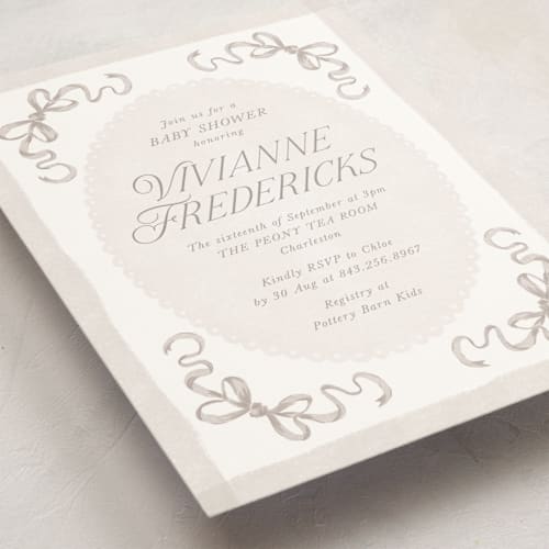 This is a wool baby shower invitations with standard by Jackie Crawford called doodle bow frame printing on signature in standard
