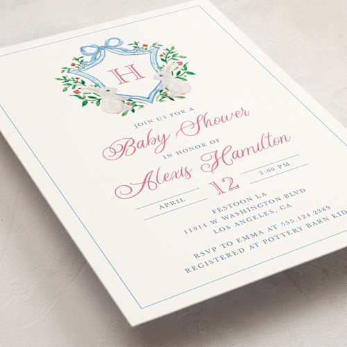 This is a cotton candy baby shower invitations with standard by Cass Loh called bunny crest printing on signature in standard