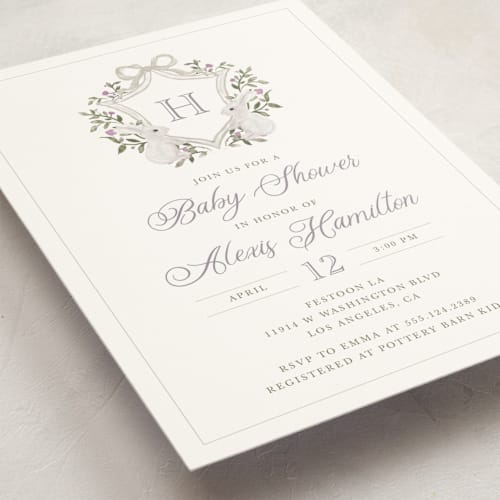This is a cotton baby shower invitations with standard by Cass Loh called bunny crest printing on signature in standard