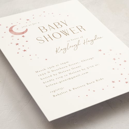 This is a petal baby shower invitations with standard by Melanie Kosuge called stardust printing on signature in standard