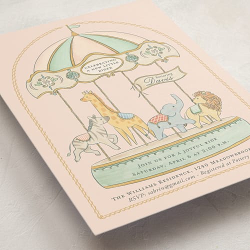 This is a petal baby shower invitations with standard by Sabrin Deirani called carousel of sweet beginnings printing on signature in standard