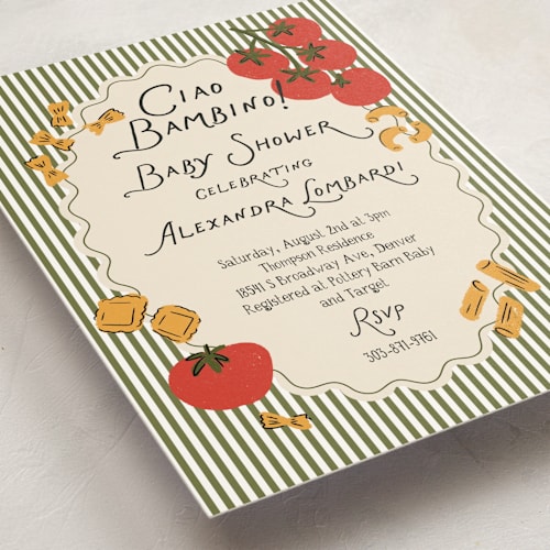 This is a olive baby shower invitations with standard by Jenna Holcomb called pasta sauce printing on signature in standard