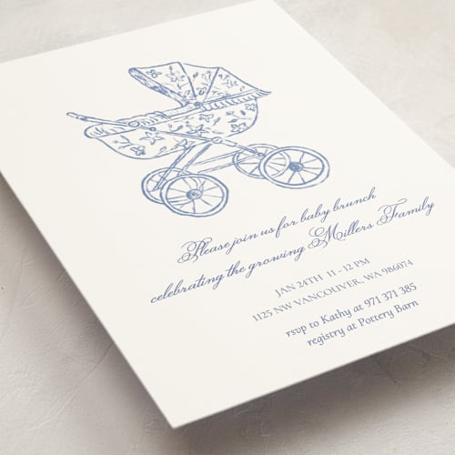 This is a navy baby shower invitations with standard by Huefete called baby pram printing on signature in standard