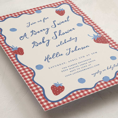 This is a barn baby shower invitations with standard by Kelly Watkins called so berry sweet printing on signature in standard