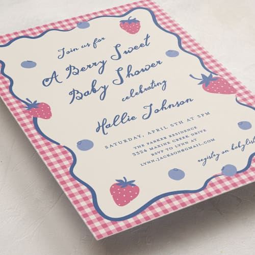 This is a candy baby shower invitations with standard by Kelly Watkins called so berry sweet printing on signature in standard
