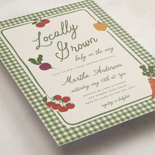 This is a moss baby shower invitations with standard by Kelly Watkins called farmers market printing on signature in standard