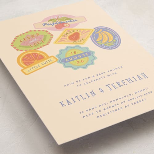 This is a acai berry baby shower invitations with standard by Natalie Rae called fruit stickers printing on signature in standard