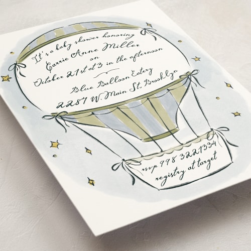 This is a grass baby shower invitations with standard by Pati Cascino called hot balloon printing on signature in standard