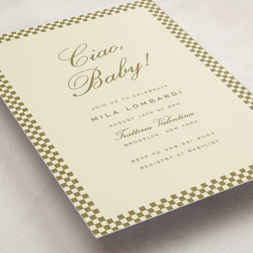 This is a olive baby shower invitations with standard by Ellen Schlegelmilch called ciao, baby! printing on signature in standard