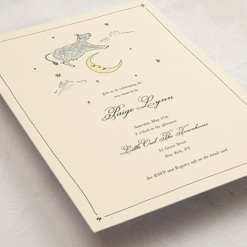 This is a ivory baby shower invitations with standard by Noun New York called the cow jumped over the moon printing on signature in standard