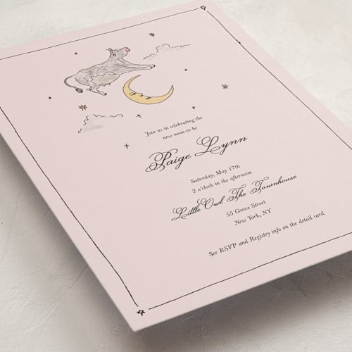 This is a blush baby shower invitations with standard by Noun New York called the cow jumped over the moon printing on signature in standard
