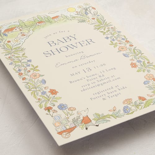 This is a vanilla baby shower invitations with standard by Sabrin Deirani called vintage magic town printing on signature in standard