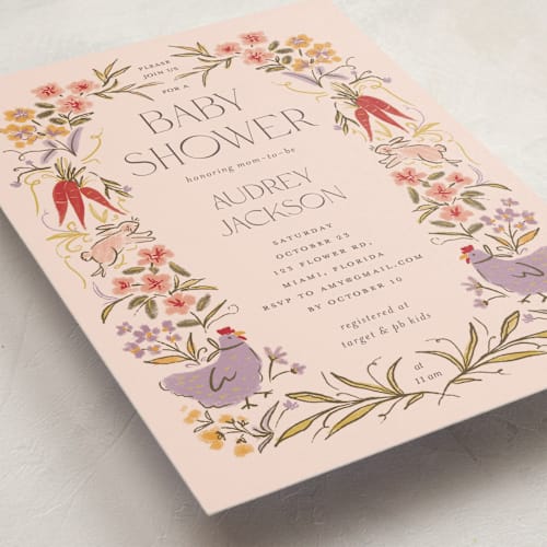 This is a rose milk baby shower invitations with standard by Vera Lim called whimsical frame printing on signature in standard
