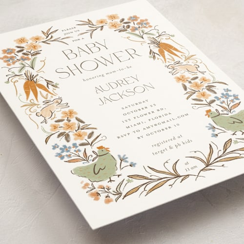This is a cream baby shower invitations with standard by Vera Lim called whimsical frame printing on signature in standard