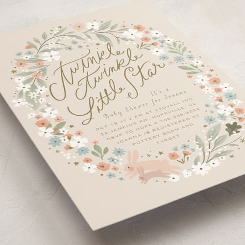 This is a sand baby shower invitations with standard by Hannah Williams called twinkle bunny printing on signature in standard