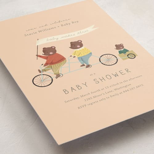 This is a peach baby shower invitations with standard by Kiersten Garner called baby makes three printing on signature in standard