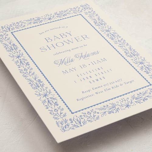 This is a cobalt baby shower invitations with standard by Ana Sharpe called bloomy baby printing on signature in standard