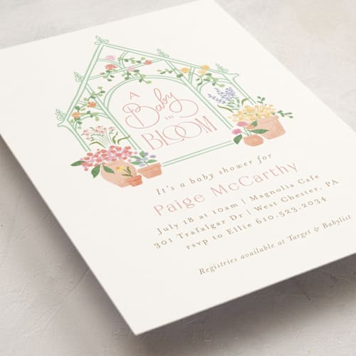 This is a strawberry baby shower invitations with standard by Jennifer Wick called petite greenhouse printing on signature in standard