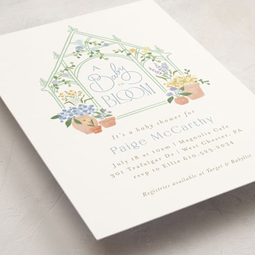 This is a blueberry baby shower invitations with standard by Jennifer Wick called petite greenhouse printing on signature in standard