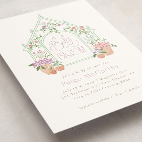 This is a lavender baby shower invitations with standard by Jennifer Wick called petite greenhouse printing on signature in standard